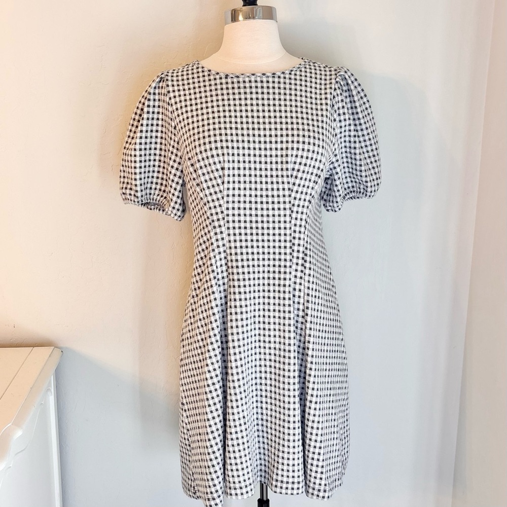 LOFT Gingham Jacquard Short Puff Sleeve Mini Dress Gray White, Size 8